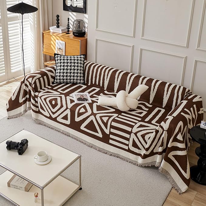 STACYPIK Boho Chenille Sofa Covers, Chocolate Geometric Couch Cover for Sectional, L Shape Couch Protector for 3 Cushion Couch, Non Slip Jacquard Sofa Protector for Loveseat with Tassles-71X118IN
