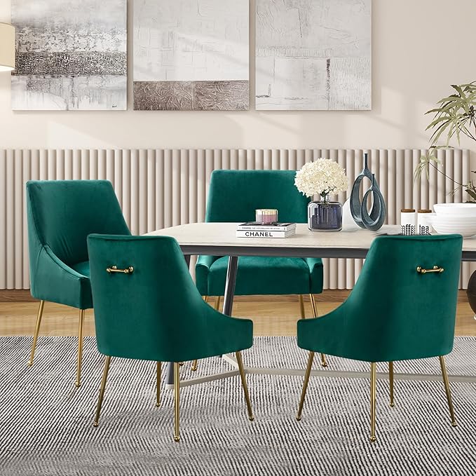 Velvet Dining Chairs, Furniture Collection Modern Contemporary Upholstered with Polished Gold Metal Legs, Set of 4(Green)