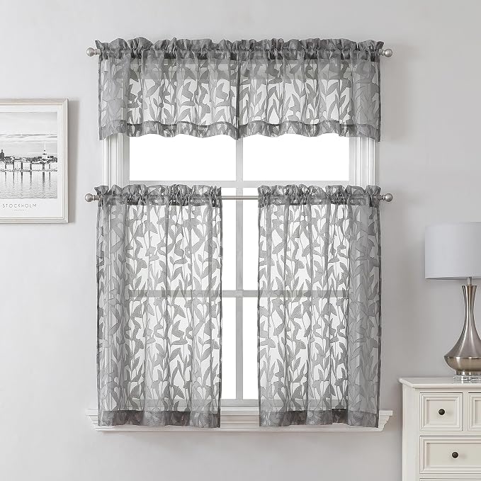 Lecloud Leia Clip Leaf Charcoal Grey Curtains Tiers Sheer Valances - Image 9