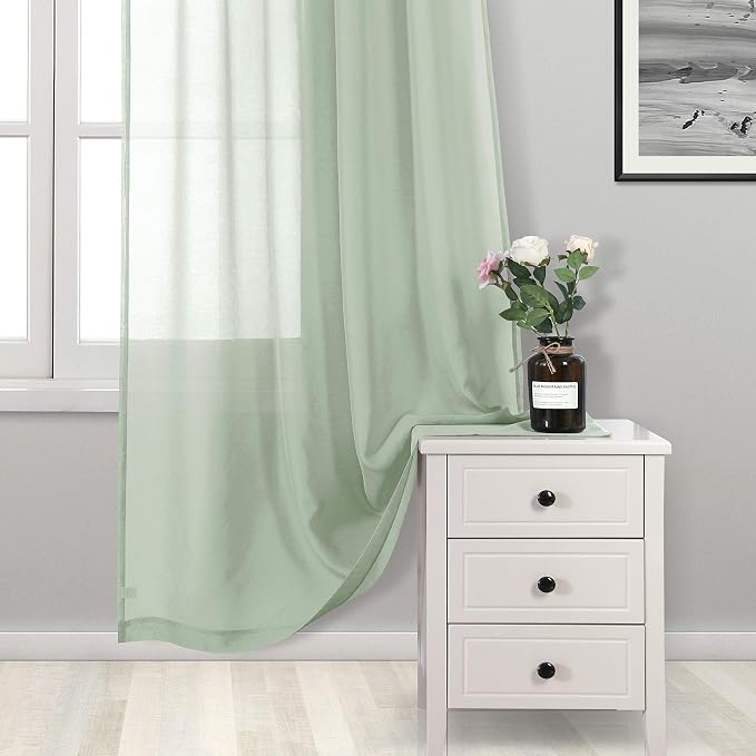 DWCN Bean Green Sheer Curtains Semi Transparent Voile Rod Pocket Curtains - Image 3