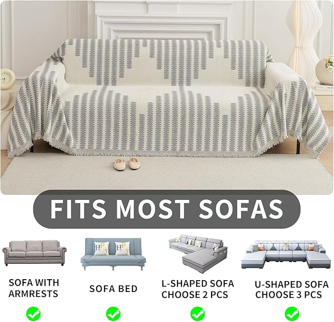 HAOMAIJIA Boho Sofa Covers Couch Covers for 3 Cushion Couch Sofa Pet Friendly Soft Thick Non Slip Couch Cover for Dogs Washable Sectional Couch Covers L Shape Furniture Protector (Grey, 91"x134")