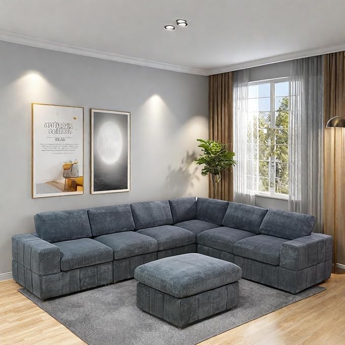 L Shaped Sectional Couches for Living Room, Modular Sectional Sofa with Ottoman & Chaise, Modern Lounge Couch Living Room Furniture for Adults, Dark Grey