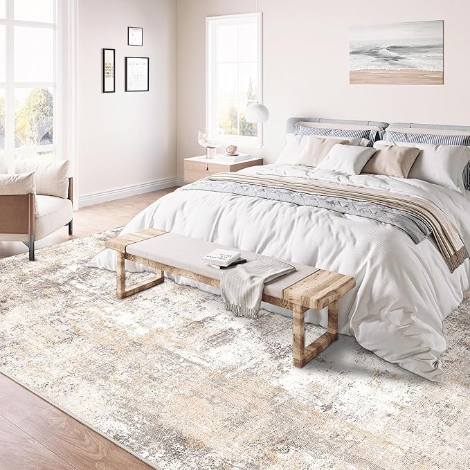 12x15 Washable Area Rug Beige Grey Neutral Abstract Living Room Bedroom Large Throw Rug Non Slip Soft Low Pile Indoor Floor Carpet for Dining Room Kitchen Office Entryway