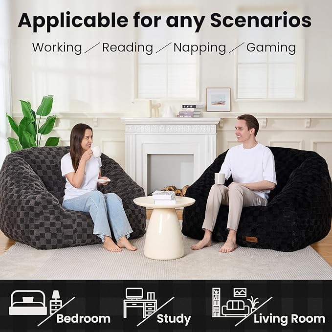Bean Bag Chairs for Adults, Giant Beanbag Sofa Comfy Reading Chair, Oversized Bean Bag Chairs for Living Room Bedroom, Soft Faux Fur Fabric, 3.2FT, Black, Checkered