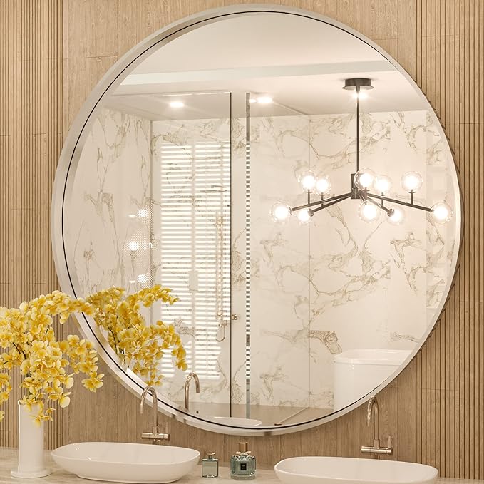 TokeShimi Round Mirror 36 Inch Brushed Silver Round Bathroom Mirror for Wall Non-Rusting Aluminum Alloy Brushed Silver Matte Metal Frame Modern Circle Mirror Fit in Minimalist Multi Style for Decor