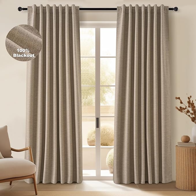 Topfinel Linen Blackout Curtains 96 Inch Long, Light Blocking Rustic Neutral by Topfinel