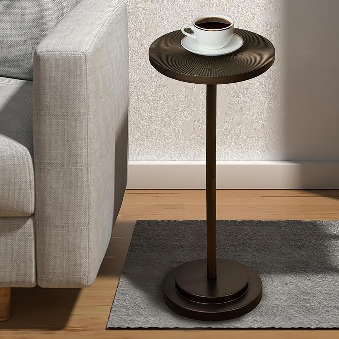 Drink Table, Carved Table Top Martini Table, Small Side Table, Weighted Base Pedestal Table for Living Room, Bedroom, Bathroom, Brown