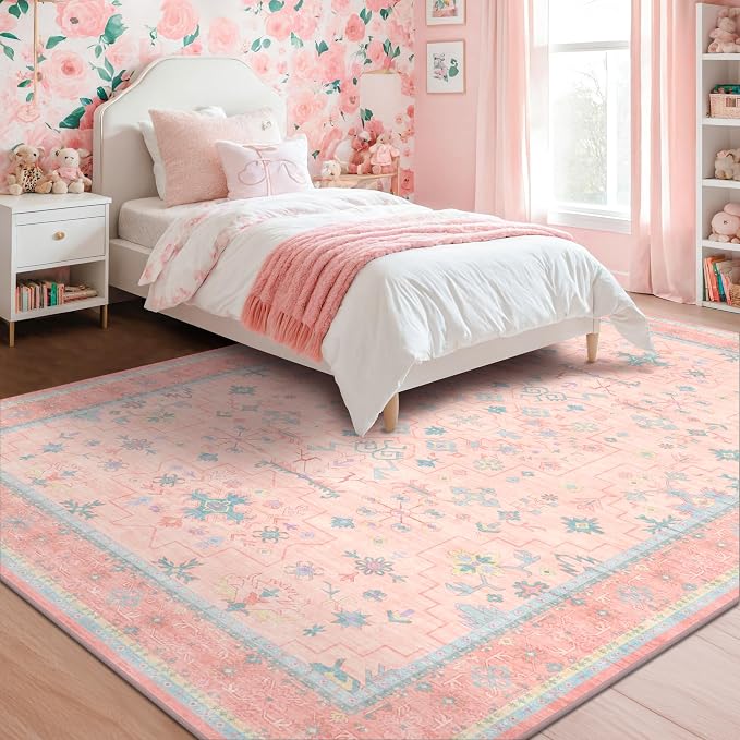 Washable Pink and Blue 7x9 Boho Rugs - Image 6