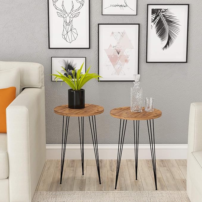PAK HOME - Set of 2 End Table – Pine Wood Round Wood Sofa Side Coffee Tables for Small Spaces, Nightstand Bedside Table with Black Metal Legs for Bedroom, Living Room, Home Office, Balcony