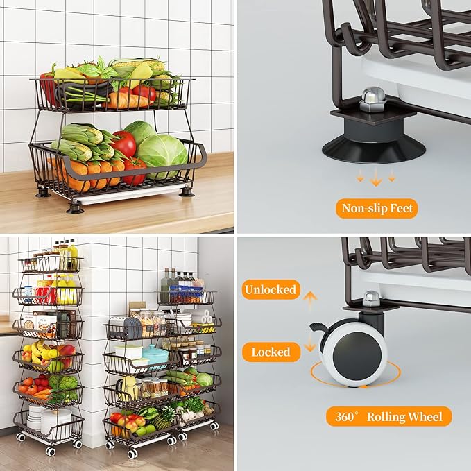 Fruit Vegetable Storage Basket for Kitchen - 4 Tier Stackable Metal Wire Baskets Cart with Rolling Wheels Utility Fruits Rack Produce Snack Organizer Bins for Pantry Bathroom Laundry Bronze