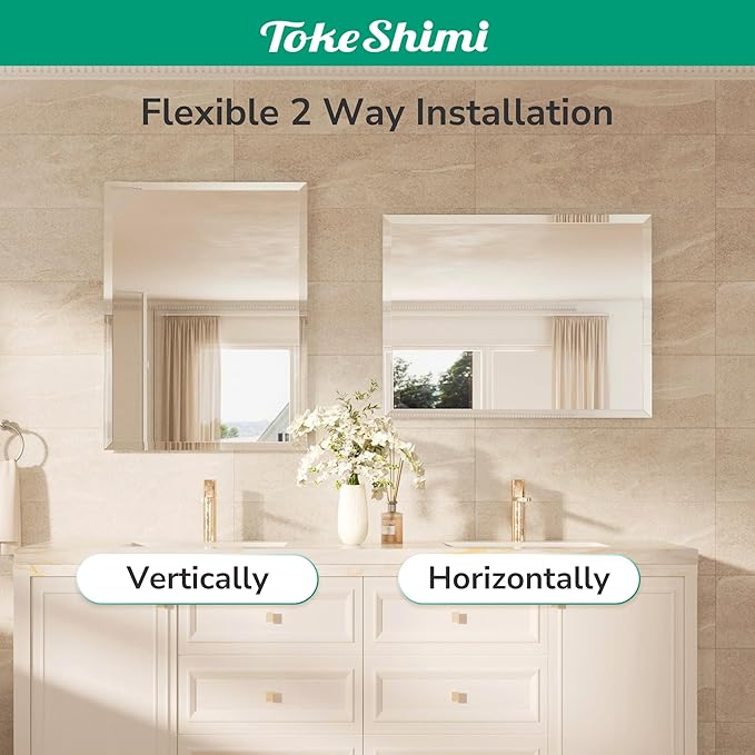 TokeShimi 22x30 Bathroom Vanity Mirror Beveled Rectangle, Frameless Mirror Bathroom with 1" Beveled Edge, Shatterproof Modern Decorative Wall Mirrored for Living Room, Entryway, Bedroom