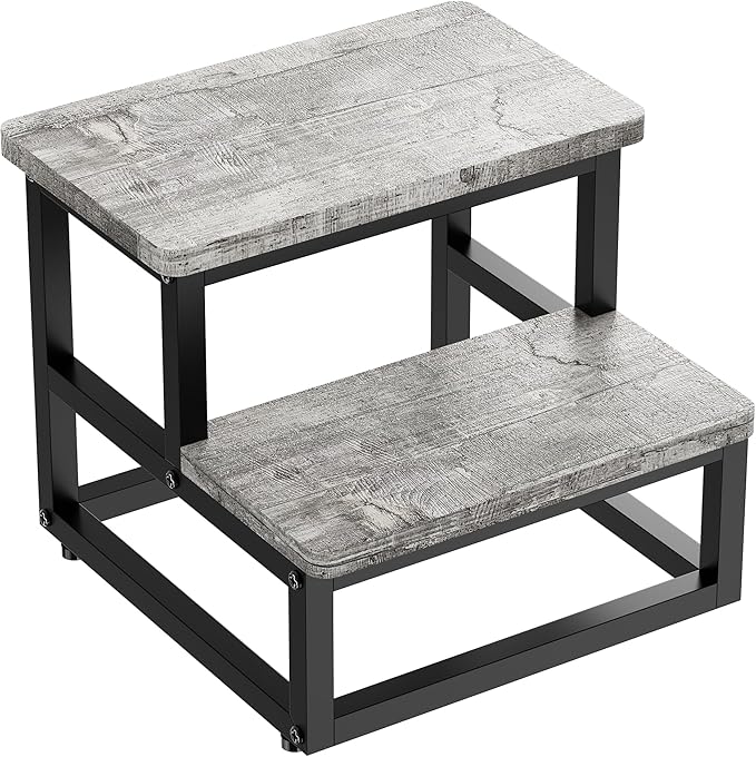Step Stools for Kids Adults, Heavy Duty Stepping Stools Bed Steps for High Beds, Non-Slip Metal and Wooden 2 Steps Foot Stool for Bedside Kitchen, Round Corner, 500 Lbs Capacity, Gray Pattern