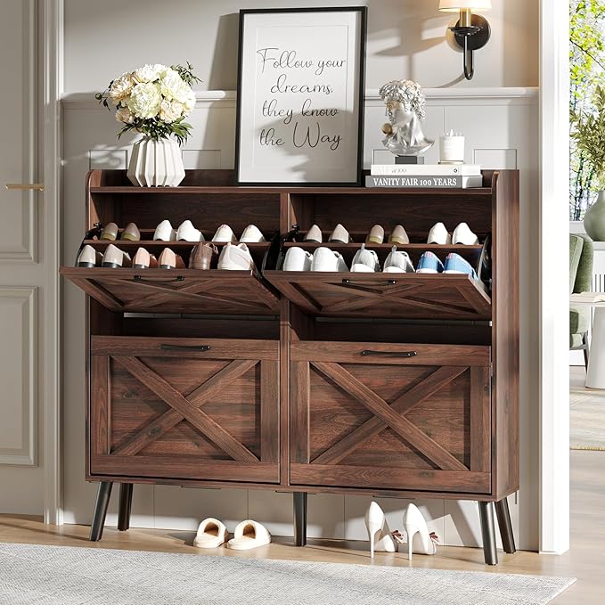 Maupvit Large Shoe Storage Cabinet with 4 Flip Drawers, Narrow Shoe Cabinet for Entryway with Wooden Legs, Freestanding Hidden Shoe Rack Organizer ＆ Metal Hinges, Walnut