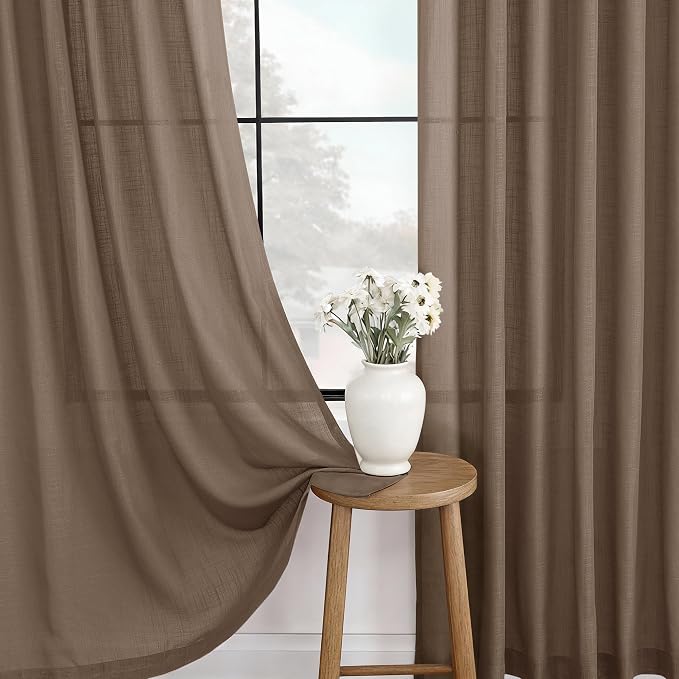 Chocolate Brown Linen Curtain 90 inch Length 2 Panels Set Back Tab Light - Image 4