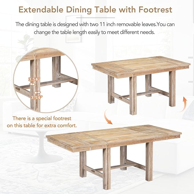 Ball & Cast Farmhouse 6 Piece Extendable Dining Table with Footrest,Living Room Furniture w/ 4 Upholstered Dining Chairs & Dining Bench,2 11" Removable Leaf,for Dining Room & Kitchen,Natural+Beige
