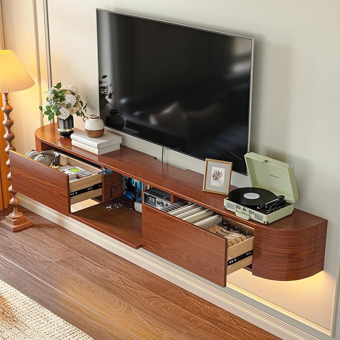 Fully Assembled Floating TV Stand with Drawers, 94IN Vintage Wall Mounted Entertainment Center, Minimalist Large Storage Console Under TV, Solid Wood Media Shelf for Living Room, Bedroom