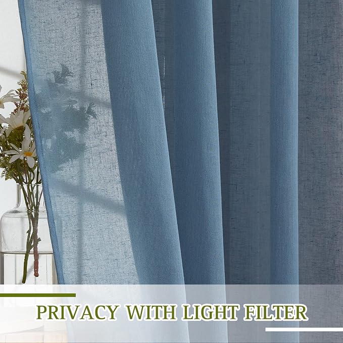 NICETOWN Linen Sheer Stone Blue Curtains 63 inch Length, Grommet Top Casual - Image 2