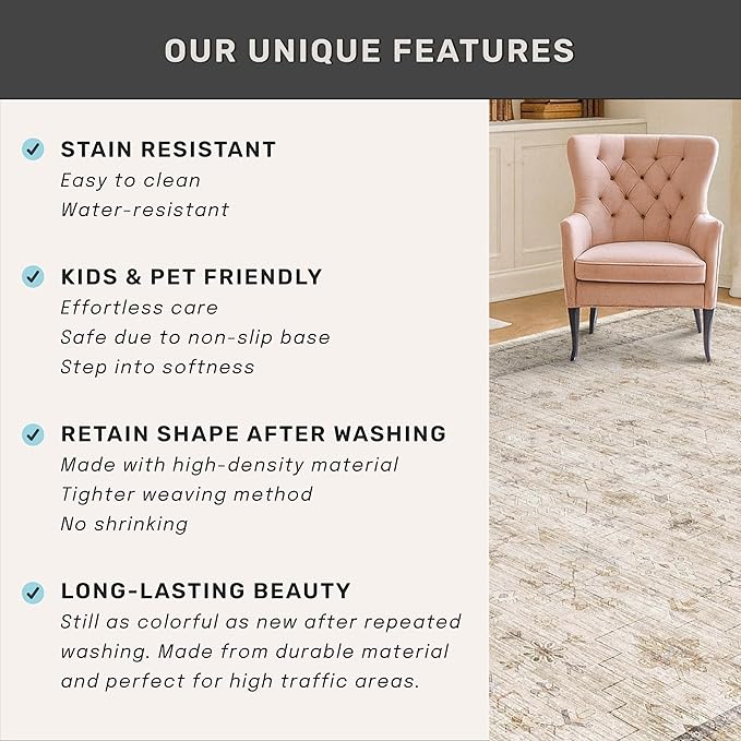 Washable Ivory 5x7 Rug for Bedroom, Home Office, Non Slip Dinning Rugs for - Image 7