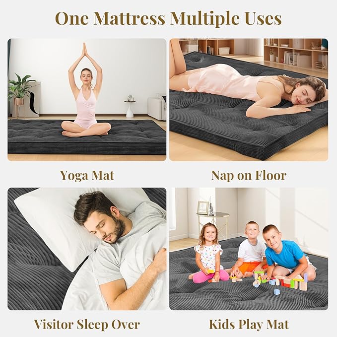 Japanese Floor Mattress, 4" Thicken Futon Mattress Queen Size Sleeping Pad, Corduroy Foldable Mattress Pad Roll Up Tatami Mat Floor Mattress for Adults（Grey）