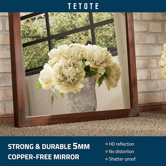 TETOTE 30 x 36 Walnut Wooden Mirror for Bathroom Wall/Bedroom/Living Room/Entryway Farmhouse Rustic Bathroom Vanity Mirror Brown Waterproof (Horizontal/Vertical Mounted)