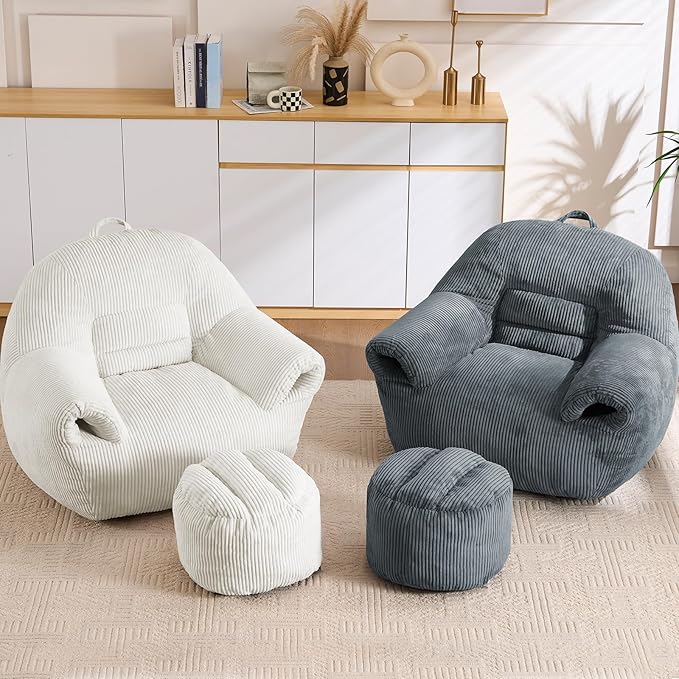 DAICO Bean Bag Chairs for Adults Beanbag Sofa with Ottoman Comfy Accent Chair with Armrests Corduroy Couch with Foam Single Lazy Sofas for Living Room Reading Bedroom Gaming Office Beige
