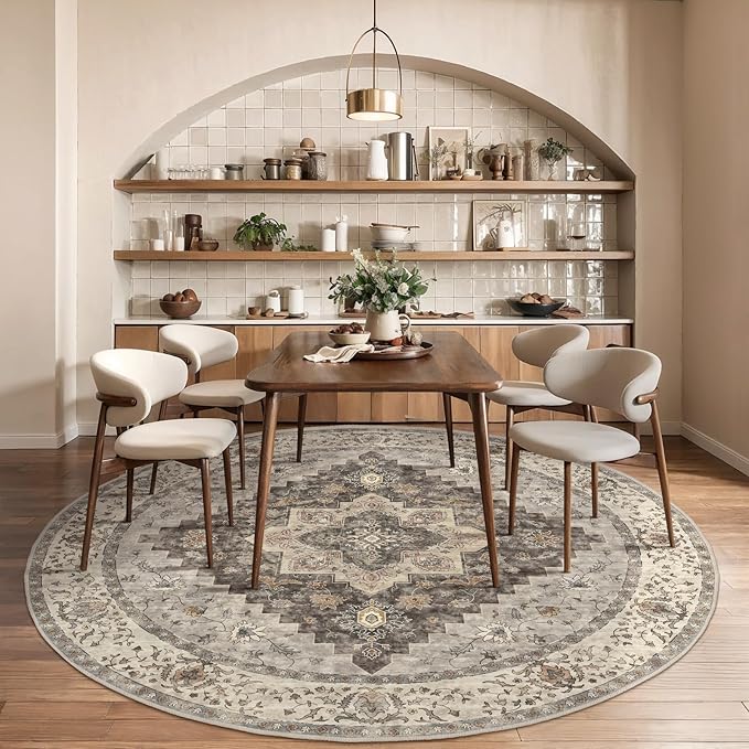 Tangsoo Vintage Round Rug 4ft Washable Circle Rug, Non Slip Small Boho Round Rug, Low Pile Circular Rugs, Round Carpet for Bedroom,Entryway,Nursery,Dorm,Kitchen,Brown/Grey