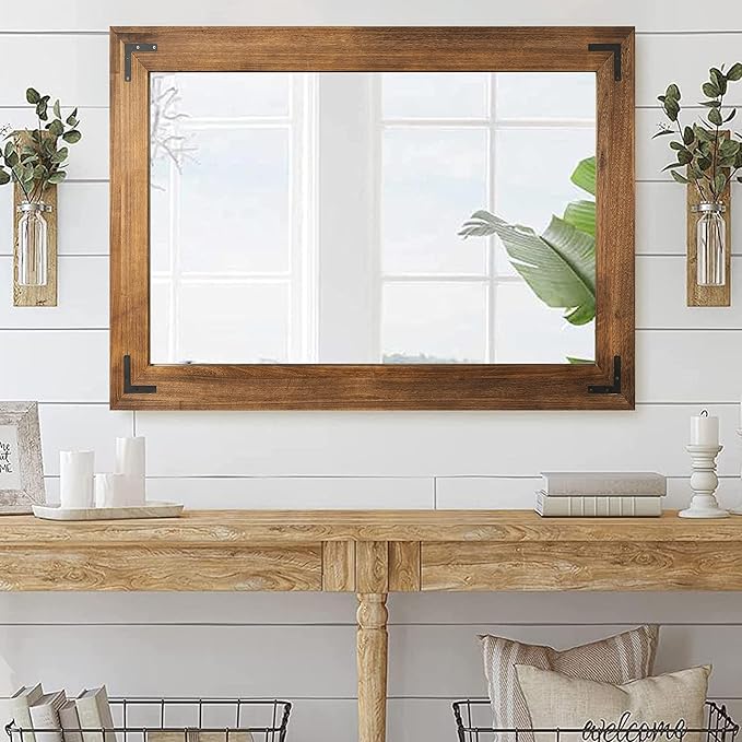 YOSHOOT Rustic Wooden Framed Wall Mirror, Natural Wood Bathroom Vanity Mirror for Farmhouse Decor, Vertical or Horizontal Hanging, 60" x 36", Brown
