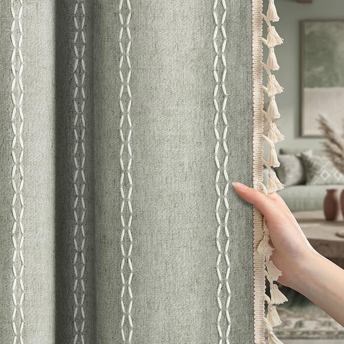Boho Blackout Curtains 90 Inches Long Sage Green Linen Blend 2 Panels - Image 8