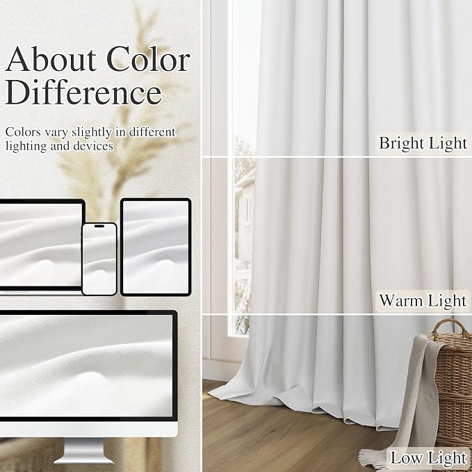 White 100% Blackout Linen Curtains 100 Inch Length 2 Panels Set - Image 7