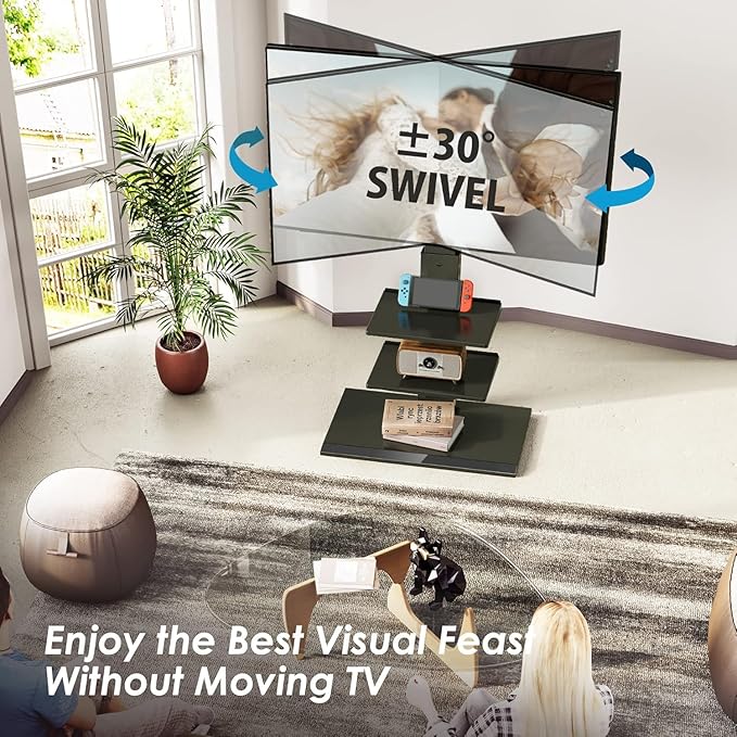 FITUEYES Iron Base Universal Floor TV Stand with Swivel Tilt, TV Mount Stand for 32-75 Inch Screens, Corner TV Stand with Height Adjustable Entertainment Shelves (Black)