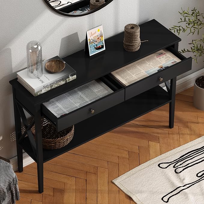 ChooChoo 47" Console Table with Drawers, Narrow Wood Accent Sofa Table Entryway Table with Storage Shelf for Entryway, Front Hall, Hallway, Living Room, Black