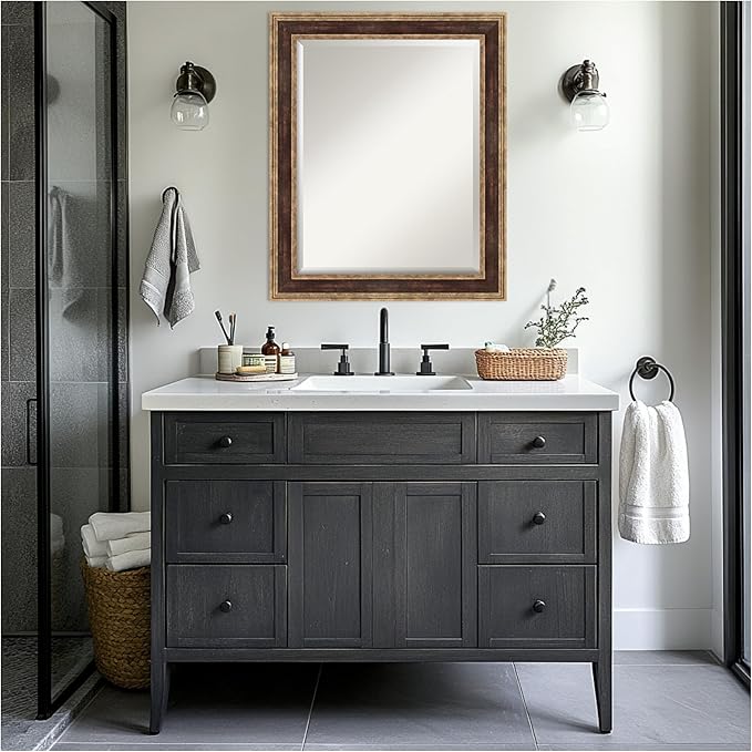 Amanti Art Bronze Bathroom Mirror for Over Sink, 28x34 Ridge Light Bronze Rectangle Vanity Mirror, Large Traditional Frame, Hangs Horizonally and Vertically, Bathroom Wall Decor, Beveled Edge