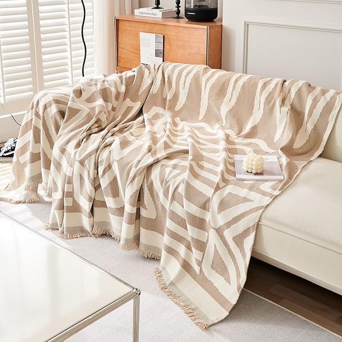 VM VOUGEMARKET Sectional Couch Cover for 3 Cushion Geometric Pattern Chenille Sofa Cover Dog Proof Universal Sofa Slipcover L Shaped Sofa Furniture Protector with Tassels-71 x 134,Khaki
