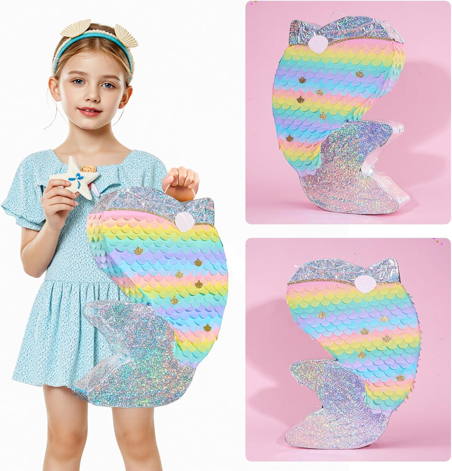 WERNNSAI Dolphin Piñata for Girls - Mermaid Princess Birthday Decorations Dolphin Pinata for Kids Under the Sea Girl Party Game Supplies with Blindfold and Bat (12.5" x 16.5" x 3")