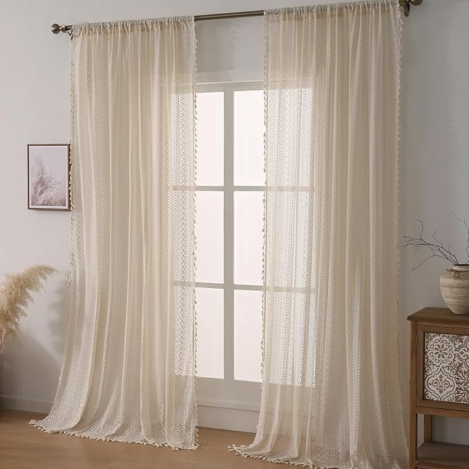 WAZZIO Boho Lace Curtains 96 Inches 2 Panel, Light Filtering Privacy Tassel & - Image 3