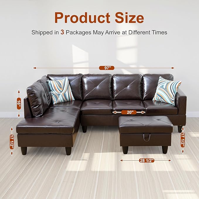 Osparple L Shaped Couch Faux Leather Sectional Couches for Living Room Upholstered 3 Pieces Modular Sectional Sofa with Chaise, Ottoman with Storage for Living Room and Small Apartment, Brown