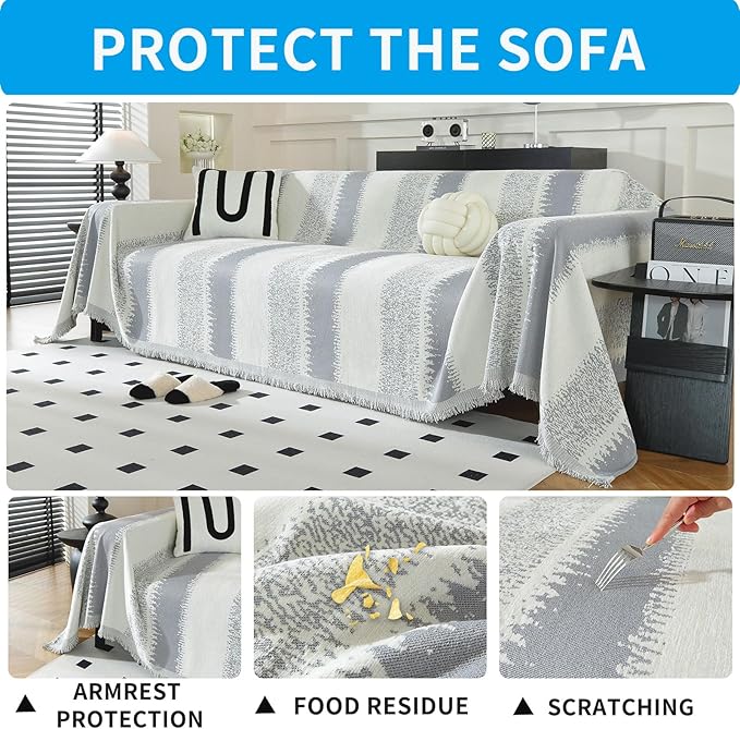 LUFEIJIASHI Boho Couch Covers for Sofa Non Slip Sofa Covers Washable Couch Covers for 3 Cushion Couch Sofa Pet Friendly Sectional Couch Cover Blanket Furniture Protector for Dogs (Grey, 71"x134")