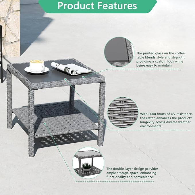 Helios&Hestia Square All Weather Rattan Wicker Outdoor Coffee Side End Table with Glass Top for Patio, Deck, Backyard, Garden, Grey