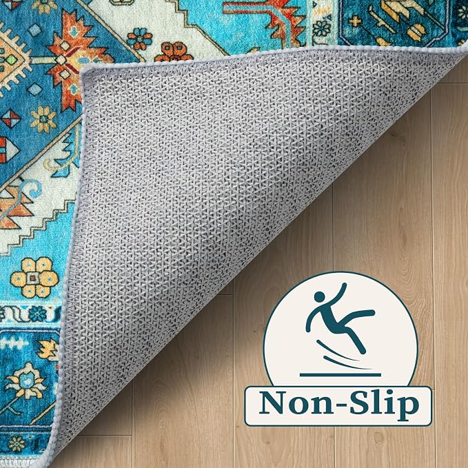 SERISSA 4x6 Boho Bedroom Rug, Washable Non Slip Vintage Blue Area Rugs - Image 3
