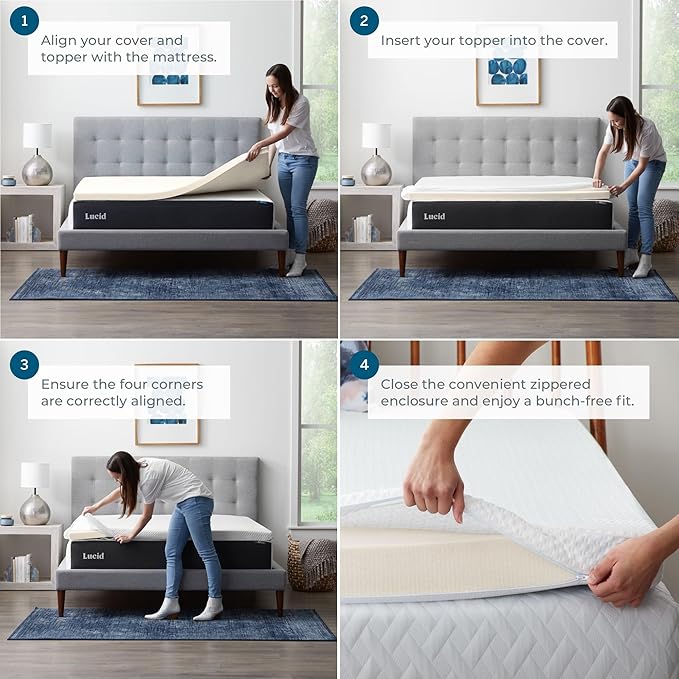 LUCID 2 Inch Traditional Foam Topper and LUCID Zippered Enclosure Mattress Topper Cover, Full