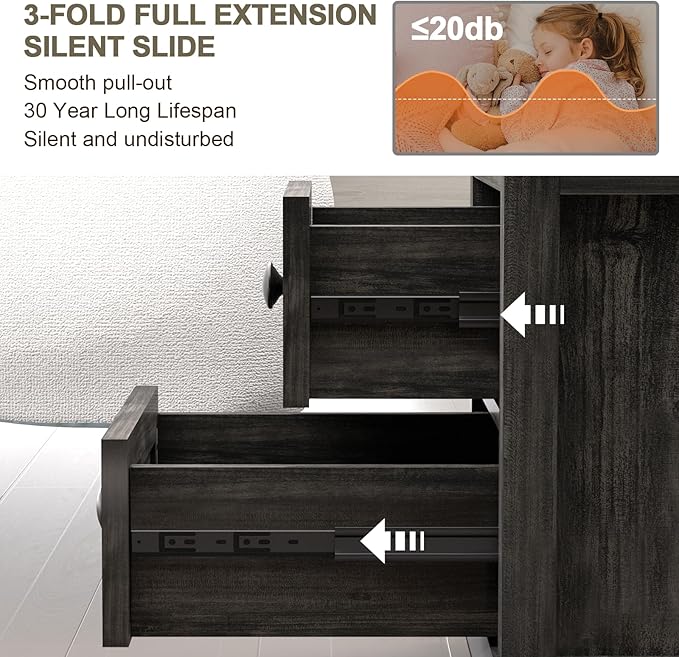 End Table with Fast Charging Station Set of 2, 18" Wide Sofa Side Table with Drawers, Large Storage Rustic Wood Square Storage Cabinet for Living Room