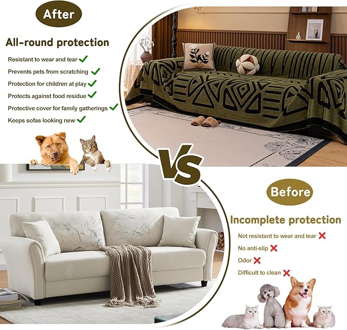 HANDONTIME Olive Green Sofa Covers for Sectional Sofa Boho Couch Cover for Dogs Christmas Green Throw Couch Cover Shu Velveteen Black Loveseat Covers Short Plush L Shaped Cover Washable, 71" X118"