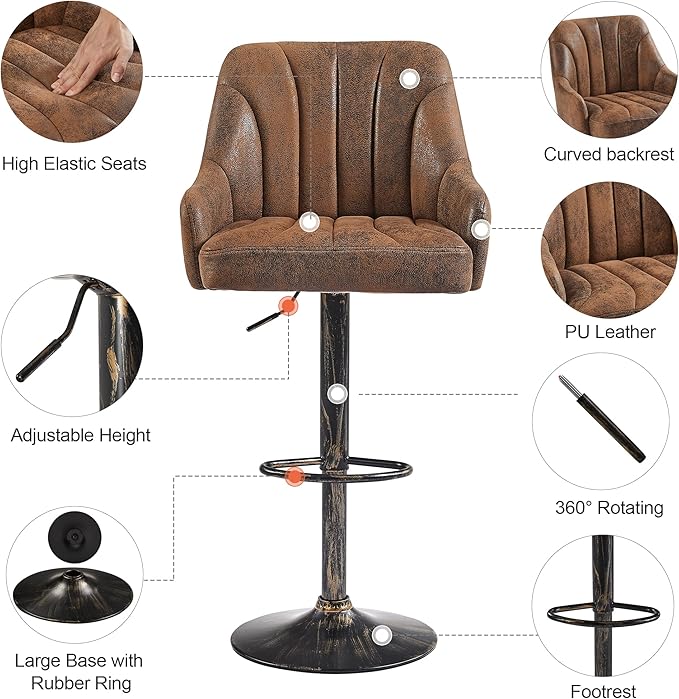 VECELO Bar Stools Set of 4, Adjustable Barstools, Counter Height Stools with Back and Arm, Kitchen Island Stools, Swivel PU Chairs for Pub, Dining Room, Industrial Style, Dark Brown