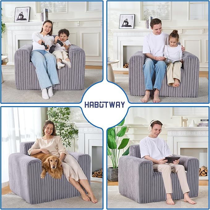 HABUTWAY Giant Bean Bag Chairs for Adults with Armrests, High Backrest Bean Bag Lounge Lazy Sofa with Durable Elastic Foam Filling & Comfy Fabric, Single Couch for Bedroom/Dorm/Living Room(Grey)