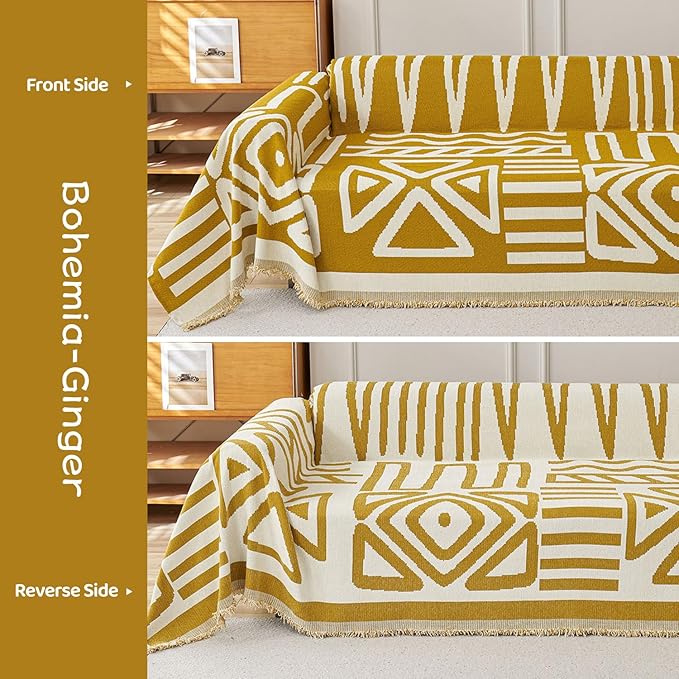STACYPIK Mustard Yellow Boho Sofa Cover Couch Cover Reversible Jacquard Furniture Protector for 3 Cushion Couch L Shaped Sofa Slipcover Non-Silp Sofa Cushion Covers for Sectional with Tassels-91X118IN