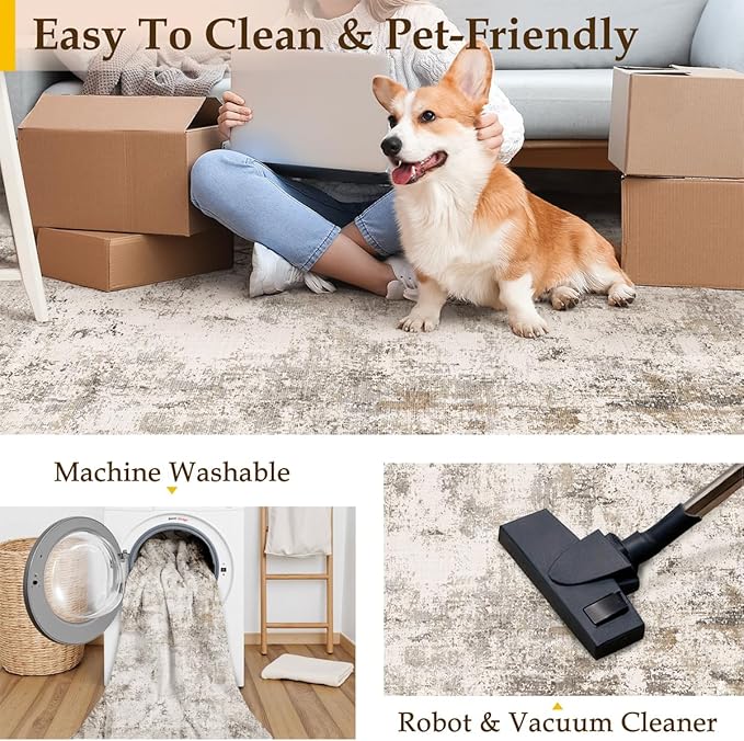 2x12 Washable Runner Rug Brown Grey Neutral Abstract Hallway Kitchen Living Room Bedroom Non Slip Throw Rug Soft Low Pile Indoor Carpet for Entrance Laundry Bathroom