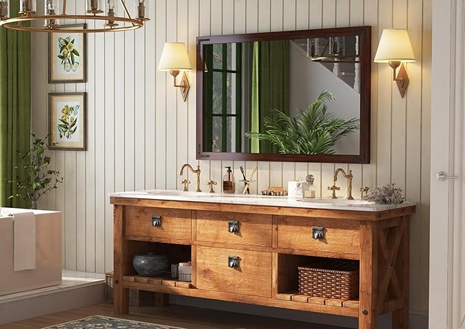 VocalStar Rustic Wood Framed Mirror 48 x 32 Inch, Natural Dark Brown Wooden Rectangle Bathroom Vanity Wall Mirror for Farmhouse Boho Decor, 1/4-inch Shatterproof Glass | Waterproof