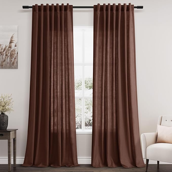 Nanspring Rustic Brown Linen Curtains Semi Sheer 96 Inches Long 2 Panels Set by Nanspring