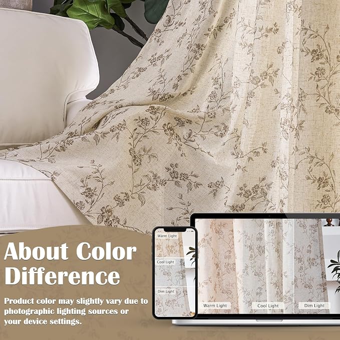 Lazzzy Taupe Floral Linen Curtains 84 Inch Farmhouse Back Tab Drapes - Image 9