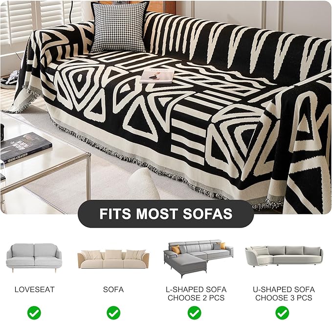 STACYPIK Durable Boho Couch Cover for Dog Anti-Scratch Black White Triangle Sofa Cover for 2 Cushion Couch Anti Slip L Shaped Couch Cover Reversible Loveseat Covers Multi-Use Sofa Throw Cover-91X118IN